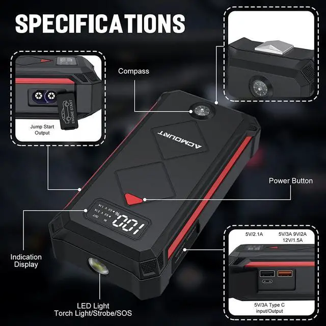 Alt view image 5 of 7 - Car Jump Starter, 2000A Peak 20000mAh Lithium Jump Starter Battery Pack for Up to 9L Gas or 7L Diesel Engine, SuperSafe 12V Portable Battery Starter Power Pack with LED Screen & LED Light