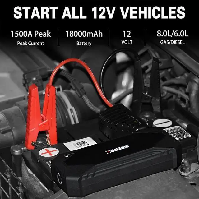 Alt view image 2 of 7 - Jump Starter 1500A 18000mAh Battery Starter (Up to 8.0L Gas, 6.0L Diesel Engine) 12V Auto Portable Booster Lithium Battery Jumper Pack Jump Box with Quick Charger LED Light