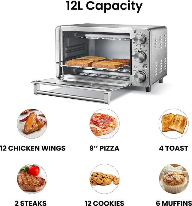 Alt view image 3 of 7 - 4 Slice Small Toaster Oven Countertop, 12L with 30-Minute Timer, 3-In-One, Bake, Broil, Toast, 1100 Watts, Dual heating element, Stainless Steel