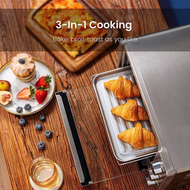 Alt view image 7 of 7 - 4 Slice Small Toaster Oven Countertop, 12L with 30-Minute Timer, 3-In-One, Bake, Broil, Toast, 1100 Watts, Dual heating element, Stainless Steel