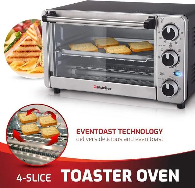 Alt view image 4 of 5 - Toaster Oven 4 Slice, Multi-function Stainless Steel Finish with Timer - Toast - Bake - Broil Settings, Natural Convection - 1100 Watts of Power, Includes Baking Pan and Rack