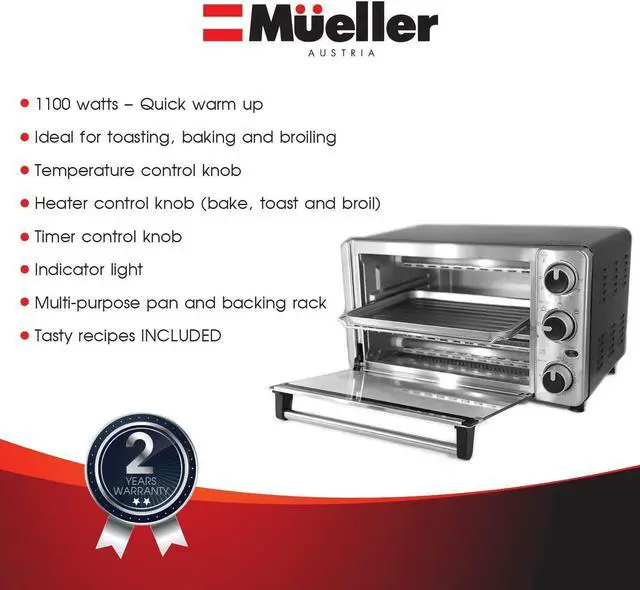 Alt view image 5 of 5 - Toaster Oven 4 Slice, Multi-function Stainless Steel Finish with Timer - Toast - Bake - Broil Settings, Natural Convection - 1100 Watts of Power, Includes Baking Pan and Rack