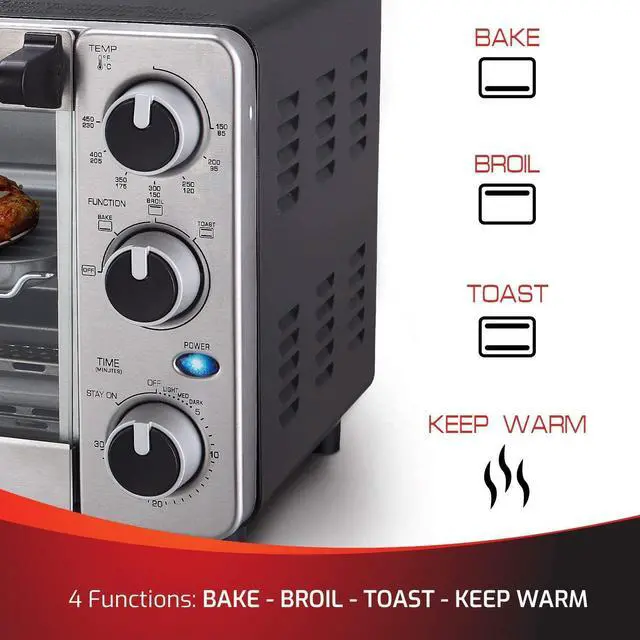 Alt view image 2 of 5 - Toaster Oven 4 Slice, Multi-function Stainless Steel Finish with Timer - Toast - Bake - Broil Settings, Natural Convection - 1100 Watts of Power, Includes Baking Pan and Rack