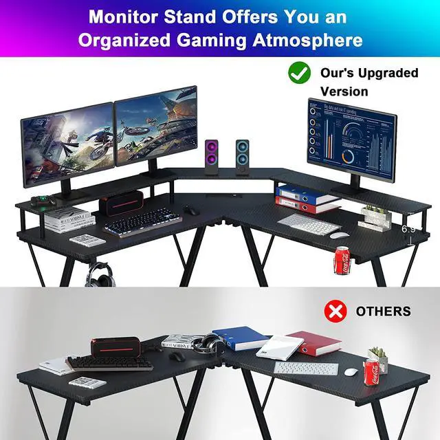 Alt view image 4 of 7 - L Shaped Desk 50.1'', Computer Corner Gaming Desk with Led Lights and Power Outlets and Large Monitor Stand, Home Office Desks with Cup Holder, Headphone Hook, Black