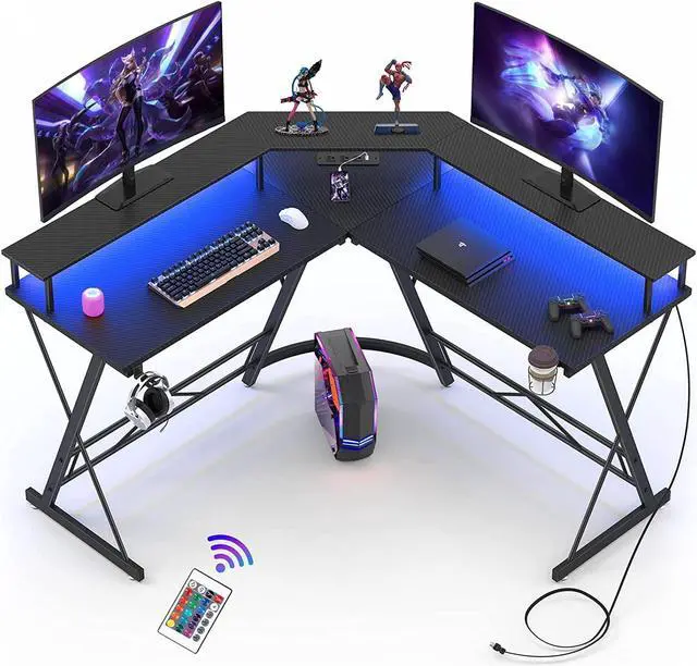 Alt view image 7 of 7 - L Shaped Desk 50.1'', Computer Corner Gaming Desk with Led Lights and Power Outlets and Large Monitor Stand, Home Office Desks with Cup Holder, Headphone Hook, Black