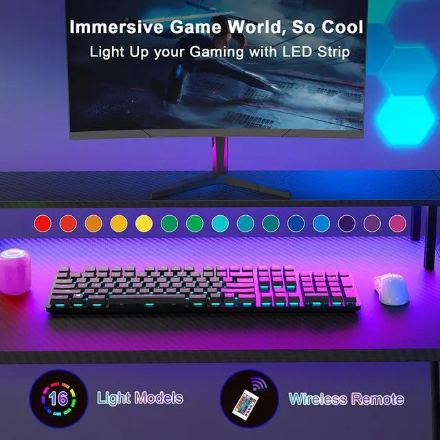 Alt view image 3 of 7 - L Shaped Desk 50.1'', Computer Corner Gaming Desk with Led Lights and Power Outlets and Large Monitor Stand, Home Office Desks with Cup Holder, Headphone Hook, Black