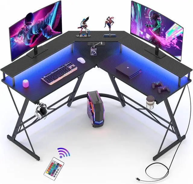 Main image of L Shaped Desk 50.1'', Computer Corner Gaming Desk with Led Lights and Power Outlets and Large Monitor Stand, Home Office Desks with Cup Holder, Headphone Hook, Black