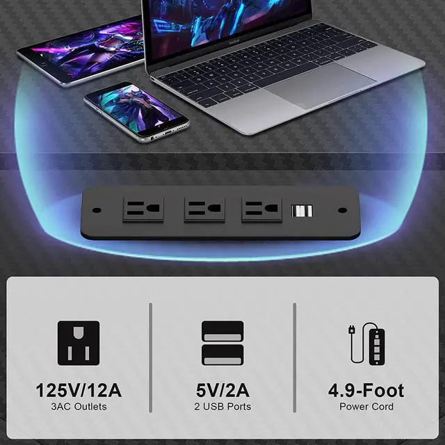 Alt view image 6 of 7 - L Shaped Desk 50.1'', Computer Corner Gaming Desk with Led Lights and Power Outlets and Large Monitor Stand, Home Office Desks with Cup Holder, Headphone Hook, Black