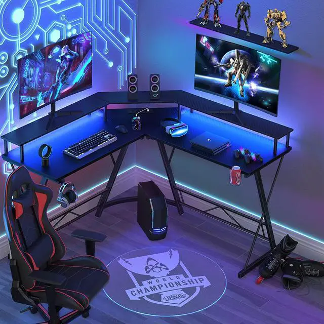 Alt view image 2 of 7 - L Shaped Desk 50.1'', Computer Corner Gaming Desk with Led Lights and Power Outlets and Large Monitor Stand, Home Office Desks with Cup Holder, Headphone Hook, Black