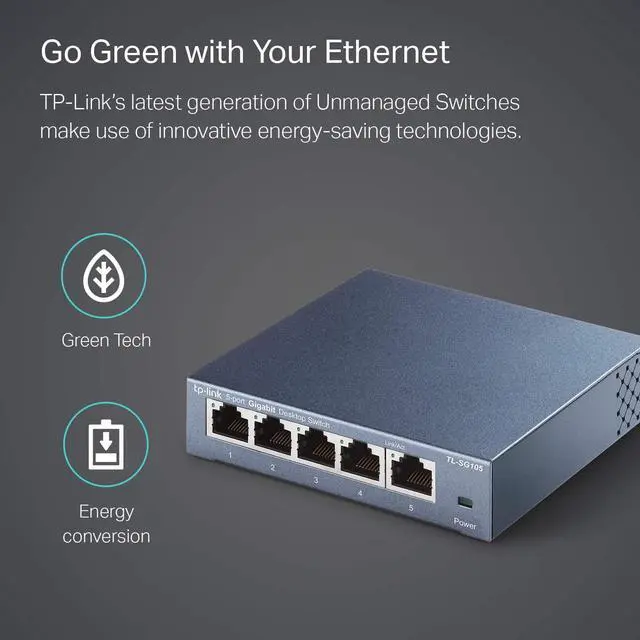 Alt view image 2 of 7 - 5 Port Gigabit Ethernet Network Switch - Ethernet Splitter | Plug & Play | Fanless | Sturdy Metal w/ Shielded Ports | Traffic Optimization | Unmanaged | Limited Lifetime Protection