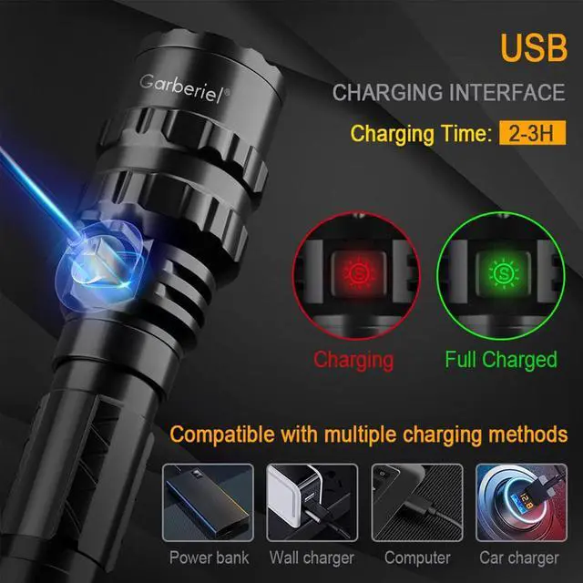 Alt view image 6 of 7 - Garberiel 2in1 L2 LED Flashlight with Picatinny Rail Mount - 5 Modes 3000 Lumens Bright Flashlight USB Rechargeable Waterproof Scout Light Torch Light