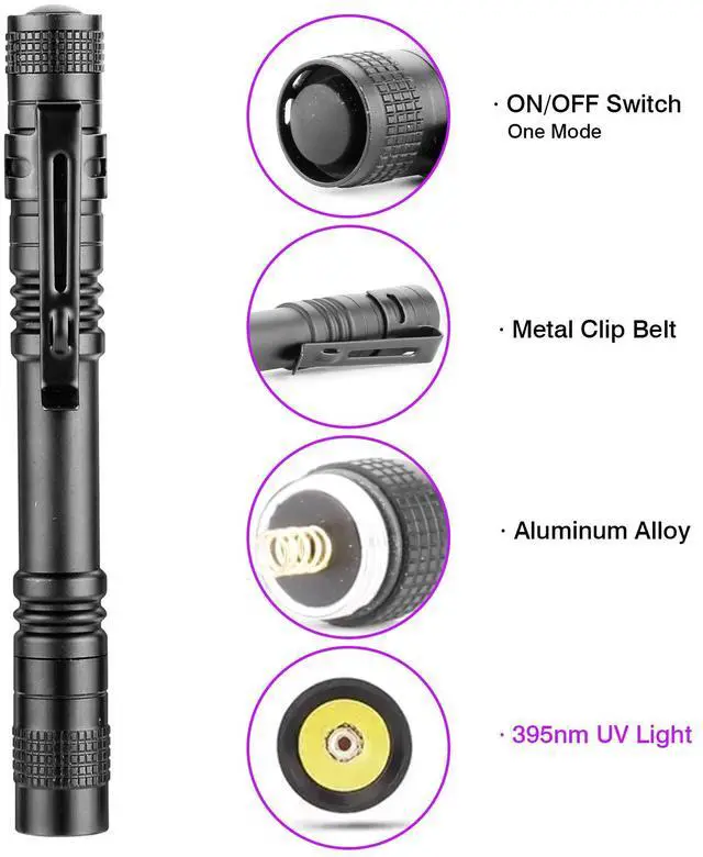 Alt view image 5 of 7 - 10pcs UV Black Light Flashlight, 395nm Ultraviolet Mini Pocket Pen Light with Clip, Portable Handheld Blacklight Detector for Scorpion, Leak, Pet Urine, Hotel Inspection (Not included Battery)