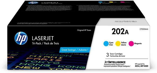 Main image of HP 202A 3-pack Cyan/Magenta/Yellow Original LaserJet Toner Cartridges, Per