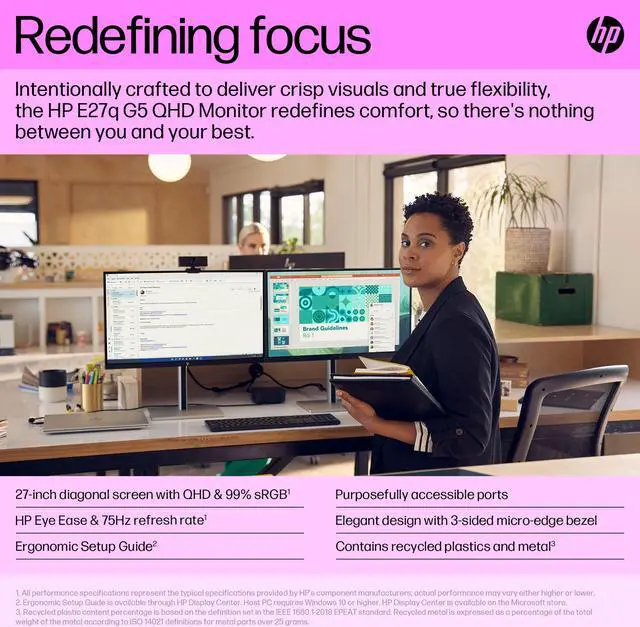 Alt view image 4 of 20 - HP E27q G5 27" QHD Monitor 1000:1 Brightness 350nits Response Time 5ms GtG 100mm VESA DisplayPort HDMI Tilt Height Adjustment Swivel Anti-glare, HP Eye Ease - 6N6F2AA