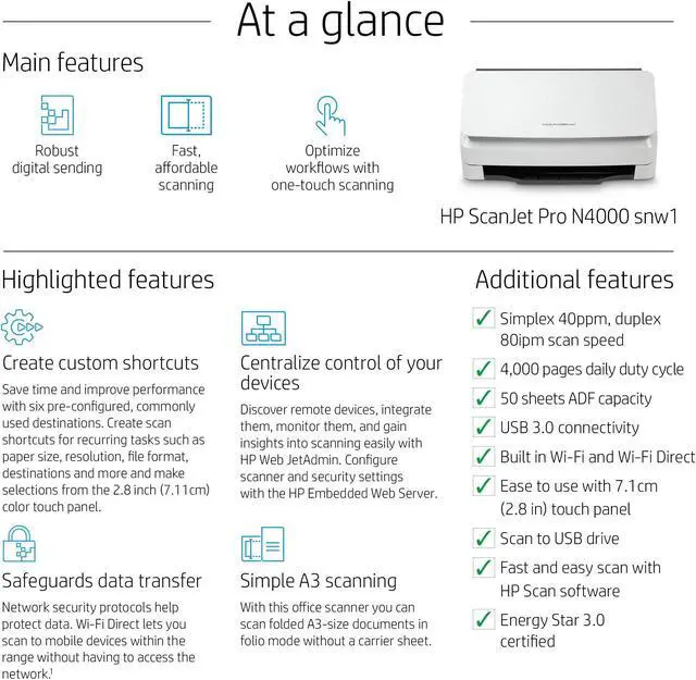 Alt view image 19 of 20 - HP Scanjet Pro N4000 snw1 Sheet-Feed Scanner (6FW08A)