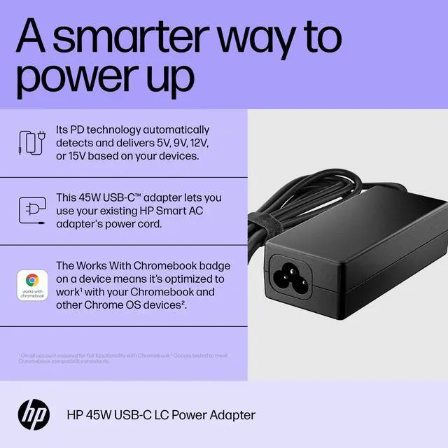 Alt view image 7 of 9 - HP 1MZ01AA#ABA Original 45W USB-C Power Adapter for Chromebook x360/Pro x2