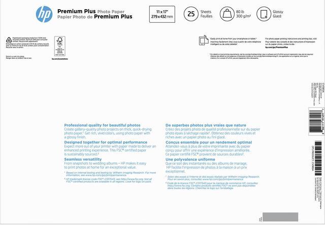 Alt view image 12 of 14 - HP Premium Plus Photo Paper, Glossy, 80 lb, 11 x 17 in. (279 x 432 mm), 25 sheets CV065A