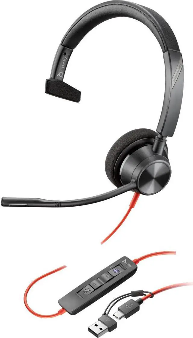 Alt view image 3 of 8 - Poly Blackwire 3310 Monaural Microsoft Teams Certified USB-C Headset +USB-C/A Adapter - Microsoft Teams Certification - Mono - USB Type C, Mini-phone (3.5mm) - Wired - 32 Ohm - On-ear - Monaural - Ear