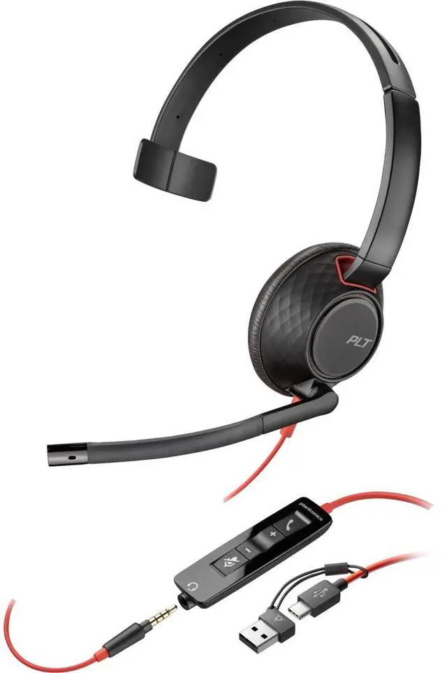 Alt view image 4 of 10 - Poly Blackwire 5210 Monaural USB-C Headset + 3.5mm Plug + USB-C/A Adapter - Microsoft Teams Certification - Mono - USB Type C, Mini-phone (3.5mm) - Wired - 32 Ohm - On-ear - Monaural - Ear-cup - 7.10