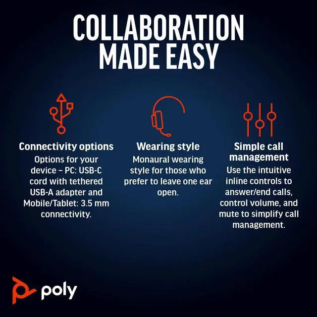 Alt view image 5 of 10 - Poly Blackwire 5210 Monaural USB-C Headset + 3.5mm Plug + USB-C/A Adapter - Microsoft Teams Certification - Mono - USB Type C, Mini-phone (3.5mm) - Wired - 32 Ohm - On-ear - Monaural - Ear-cup - 7.10