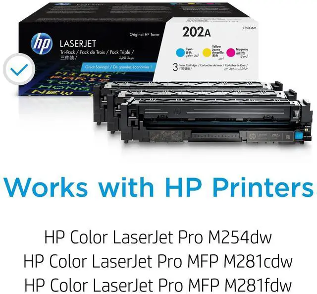 Alt view image 18 of 20 - HP 202A 3-pack Cyan/Magenta/Yellow Original LaserJet Toner Cartridges, Per