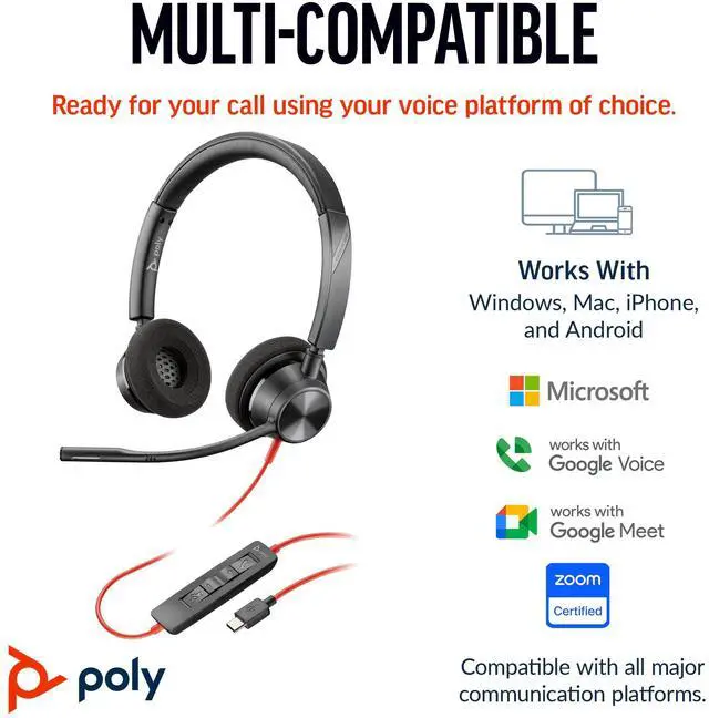 Alt view image 5 of 10 - Poly Blackwire 3320 Stereo Microsoft Teams Certified USB-C Headset + USB-C/A Adapter - Microsoft Teams Certification - Stereo - USB Type C, Mini-phone (3.5mm) - Wired - 32 Ohm - On-ear - Binaural - Ea