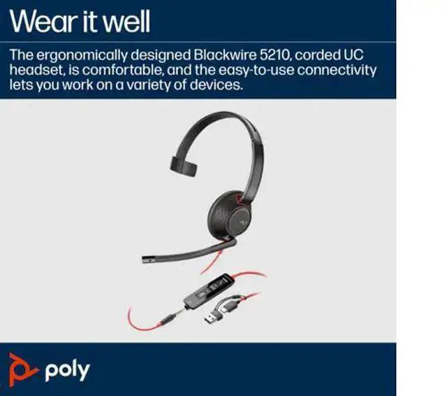 Alt view image 8 of 10 - Poly Blackwire 5210 Monaural USB-C Headset + 3.5mm Plug + USB-C/A Adapter - Microsoft Teams Certification - Mono - USB Type C, Mini-phone (3.5mm) - Wired - 32 Ohm - On-ear - Monaural - Ear-cup - 7.10