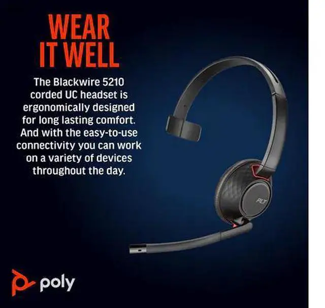 Alt view image 10 of 10 - Poly Blackwire 5210 Monaural USB-C Headset + 3.5mm Plug + USB-C/A Adapter - Microsoft Teams Certification - Mono - USB Type C, Mini-phone (3.5mm) - Wired - 32 Ohm - On-ear - Monaural - Ear-cup - 7.10