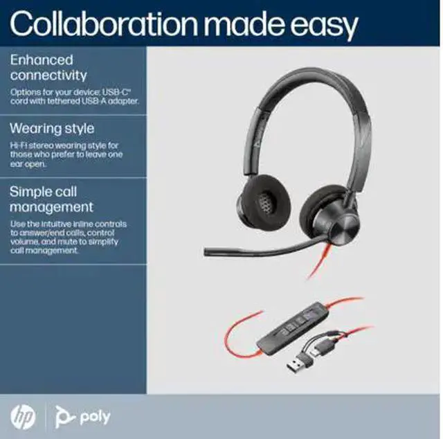 Alt view image 9 of 10 - Poly Blackwire 3320 Stereo Microsoft Teams Certified USB-C Headset + USB-C/A Adapter - Microsoft Teams Certification - Stereo - USB Type C, Mini-phone (3.5mm) - Wired - 32 Ohm - On-ear - Binaural - Ea