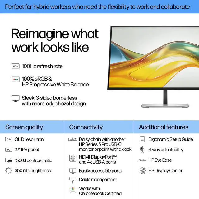 Alt view image 14 of 20 - HP Series 5 Pro 27" QHD Monitor LED 16:9 60Hz Response Time 5 ms GtG Contrast Ratio 1500:1 Brightness 350 cd/m² Height, Tilt, Swivel, Pivot DisplayPort HDMI - 9D9S0UT