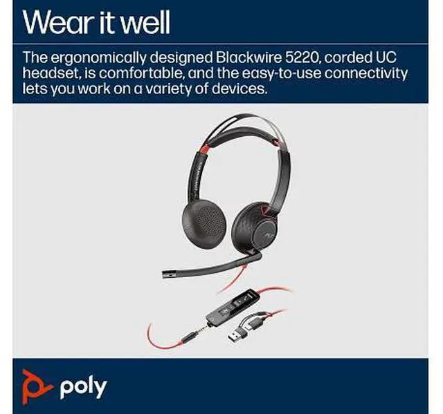 Alt view image 9 of 10 - Plantronics Poly Blackwire 5220 Stereo USB-C Headset +3.5mm Plug +USB-C/A Adapter