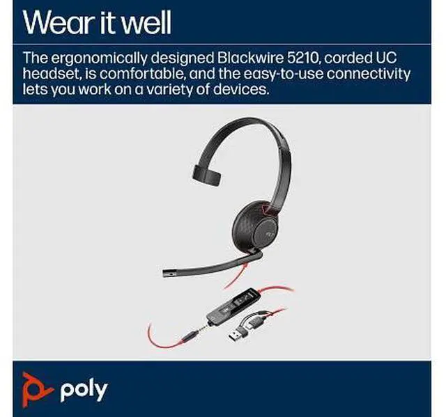 Alt view image 7 of 10 - Poly Blackwire 5210 Monaural USB-C Headset + 3.5mm Plug + USB-C/A Adapter - Microsoft Teams Certification - Mono - USB Type C, Mini-phone (3.5mm) - Wired - 32 Ohm - On-ear - Monaural - Ear-cup - 7.10