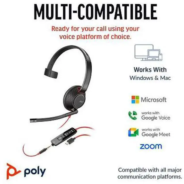 Alt view image 9 of 10 - Poly Blackwire 5210 Monaural USB-C Headset + 3.5mm Plug + USB-C/A Adapter - Microsoft Teams Certification - Mono - USB Type C, Mini-phone (3.5mm) - Wired - 32 Ohm - On-ear - Monaural - Ear-cup - 7.10