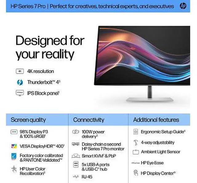 Alt view image 12 of 18 - HP Series 7 Pro 727pk 27" 4K UHD IPS Monitor 5 ms GtG, 16:9 2000:1 Edge-Lit USB-C, DisplayHDR 400, Thunderbolt 4, HDMI & DisplayPort - 8J9G2AA