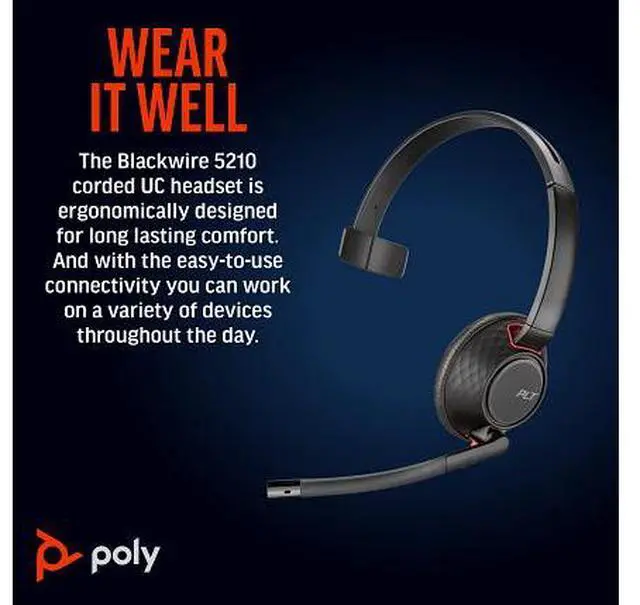 Alt view image 10 of 10 - Poly Blackwire 5210 Monaural USB-C Headset + 3.5mm Plug + USB-C/A Adapter - Microsoft Teams Certification - Mono - USB Type C, Mini-phone (3.5mm) - Wired - 32 Ohm - On-ear - Monaural - Ear-cup - 7.10