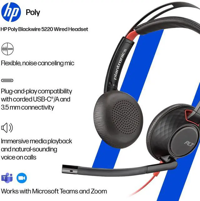Alt view image 7 of 15 - Plantronics Poly Blackwire 5220 Stereo USB-C Headset +3.5mm Plug +USB-C/A Adapter