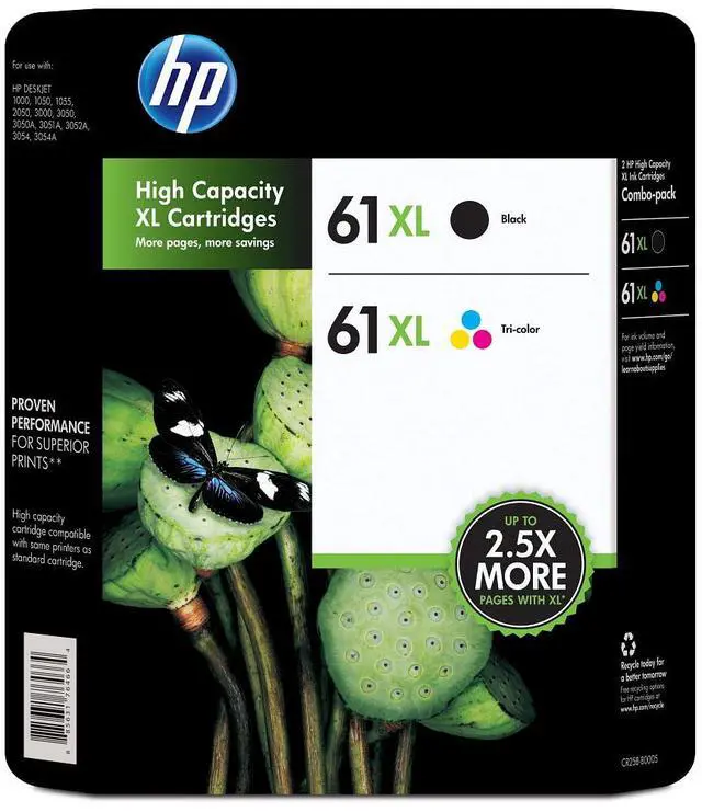 Main image of HP 61XL 2-pack High Yield Black/Tri-color Original Ink Cartridges, 1 Black (~360