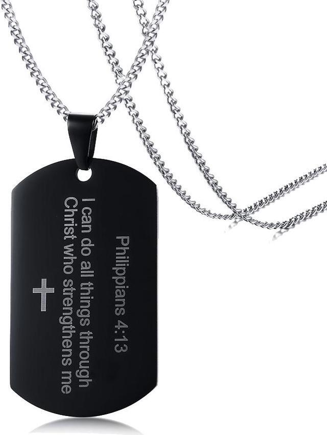 Alt view image 2 of 7 - Christian Religous Jewelry Philippians 4:13 Bible Verse Pendant Inspirational Cross Dog tag Necklace Black Plated Stainless Steel Scripture Quote"I Can Do All Things Through Christ Who Strengthens Me"
