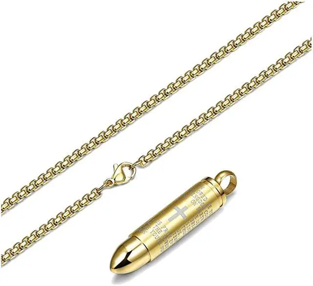 Alt view image 7 of 7 - Lord's Prayer Bible Verse Cross Bullet Pendant Memorial Keepsake Cremation Urn Ashes Necklace Men Women Stainless Steel Jewelry memorialize your loved one forever,English Version Scripture,Gold