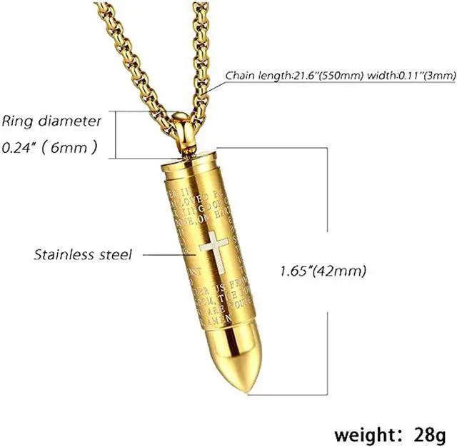 Alt view image 4 of 7 - Lord's Prayer Bible Verse Cross Bullet Pendant Memorial Keepsake Cremation Urn Ashes Necklace Men Women Stainless Steel Jewelry memorialize your loved one forever,English Version Scripture,Gold