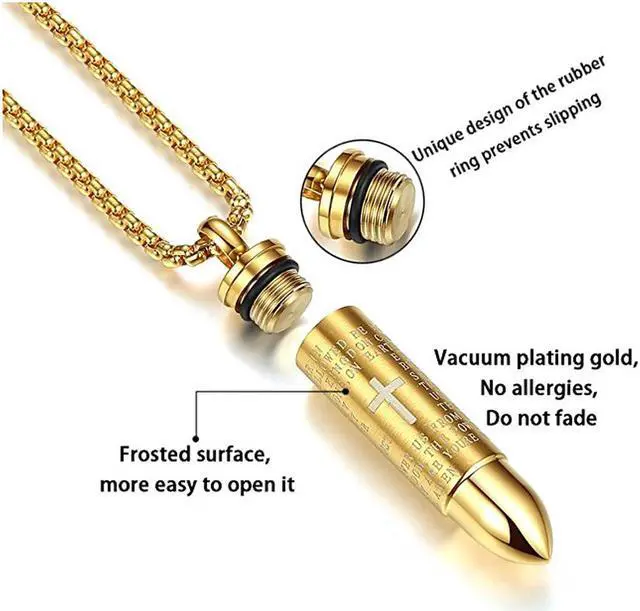 Alt view image 3 of 7 - Lord's Prayer Bible Verse Cross Bullet Pendant Memorial Keepsake Cremation Urn Ashes Necklace Men Women Stainless Steel Jewelry memorialize your loved one forever,English Version Scripture,Gold