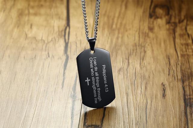 Alt view image 4 of 7 - Christian Religous Jewelry Philippians 4:13 Bible Verse Pendant Inspirational Cross Dog tag Necklace Black Plated Stainless Steel Scripture Quote"I Can Do All Things Through Christ Who Strengthens Me"