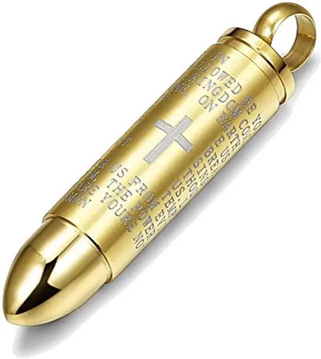 Alt view image 6 of 7 - Lord's Prayer Bible Verse Cross Bullet Pendant Memorial Keepsake Cremation Urn Ashes Necklace Men Women Stainless Steel Jewelry memorialize your loved one forever,English Version Scripture,Gold