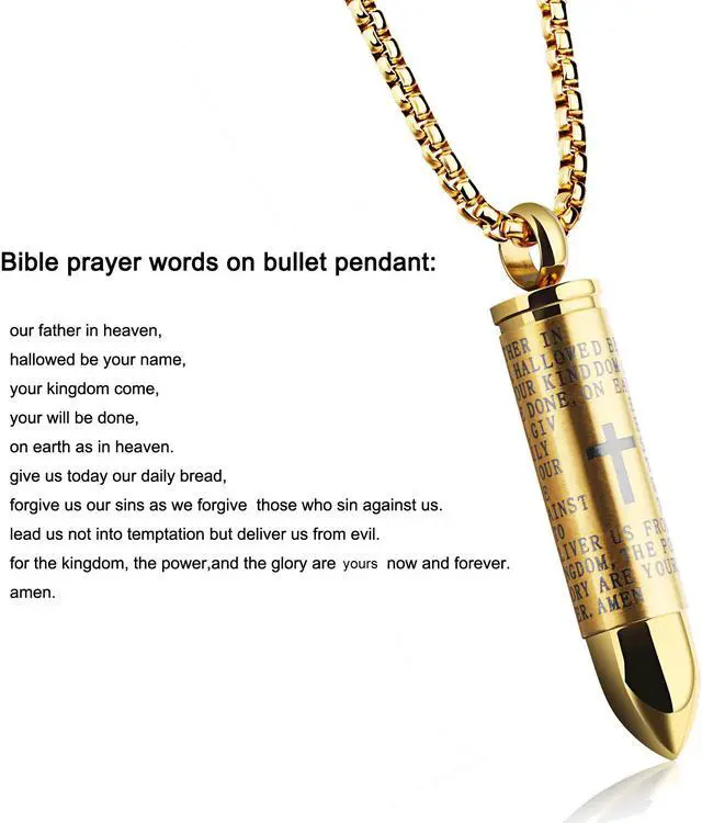 Alt view image 2 of 7 - Lord's Prayer Bible Verse Cross Bullet Pendant Memorial Keepsake Cremation Urn Ashes Necklace Men Women Stainless Steel Jewelry memorialize your loved one forever,English Version Scripture,Gold