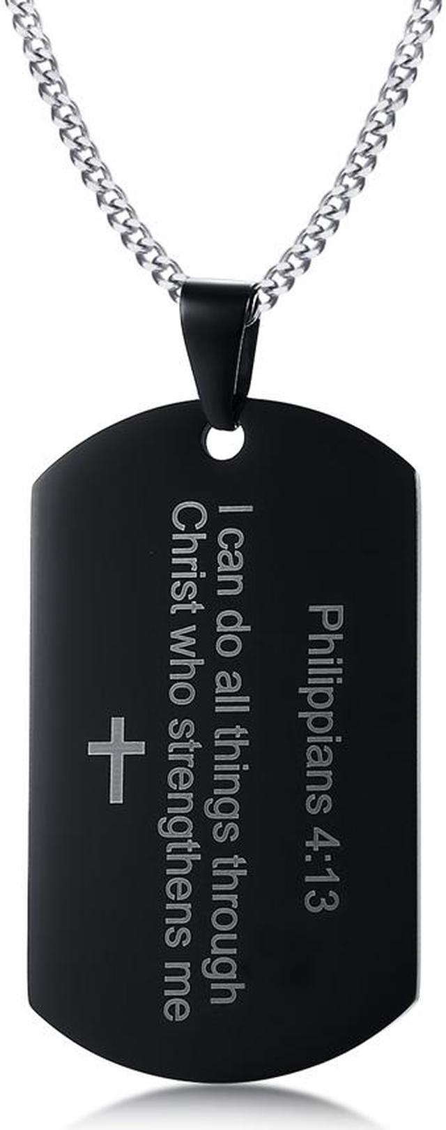 Main image of Christian Religous Jewelry Philippians 4:13 Bible Verse Pendant Inspirational Cross Dog tag Necklace Black Plated Stainless Steel Scripture Quote"I Can Do All Things Through Christ Who Strengthens Me"