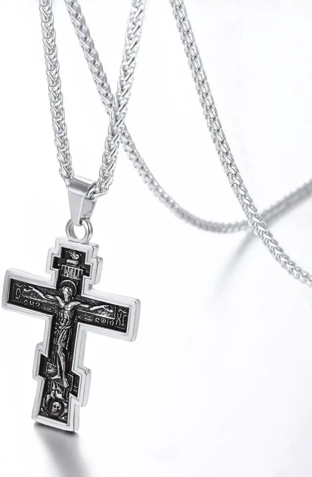 Alt view image 4 of 5 - Byzantine Crucifix Cross Necklace,Christian Jewelry Vintage Stainless Steel Gift for Men Women Russian Orthodox Church Pendant Catholic Necklace
