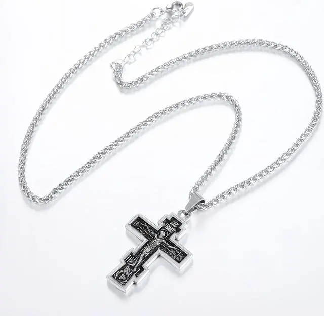 Alt view image 5 of 5 - Byzantine Crucifix Cross Necklace,Christian Jewelry Vintage Stainless Steel Gift for Men Women Russian Orthodox Church Pendant Catholic Necklace