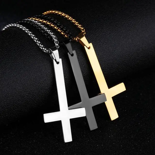 Alt view image 2 of 3 - Black Plated Inverted Cross Necklace Cross of St. Peter Pendant Anti-Christ Upside Down Crucifix Stainless Steel Men Women Satanic Gothic Dark Jewelry