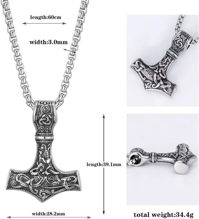 Alt view image 2 of 5 - Men's Thor Hammer Necklace Stainless Steel Norse Vikings Jewelry Vegvisir Mjolnir Amulet Valknut Pendant with Sturdy Box Chain