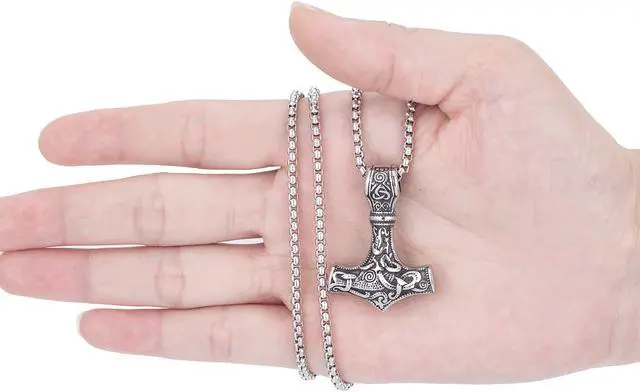 Alt view image 5 of 5 - Men's Thor Hammer Necklace Stainless Steel Norse Vikings Jewelry Vegvisir Mjolnir Amulet Valknut Pendant with Sturdy Box Chain